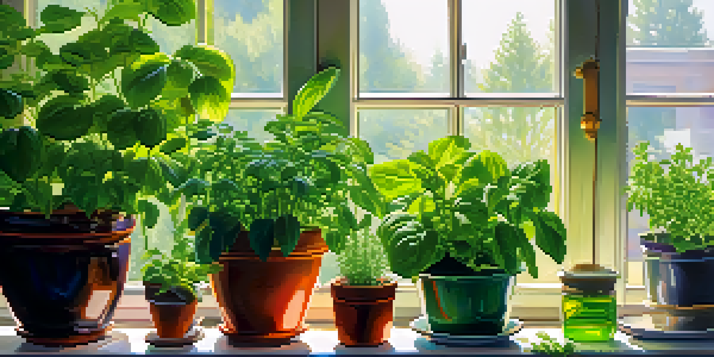 A vibrant herb garden with basil, mint, and rosemary in colorful pots on a sunny windowsill, illuminated by sunlight.