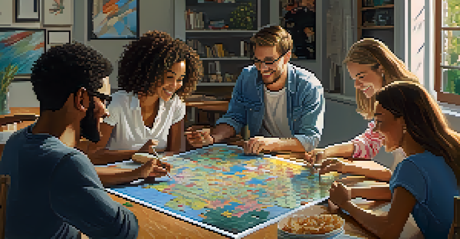 A group of friends working together on a jigsaw puzzle, surrounded by snacks and notes, in a bright room.
