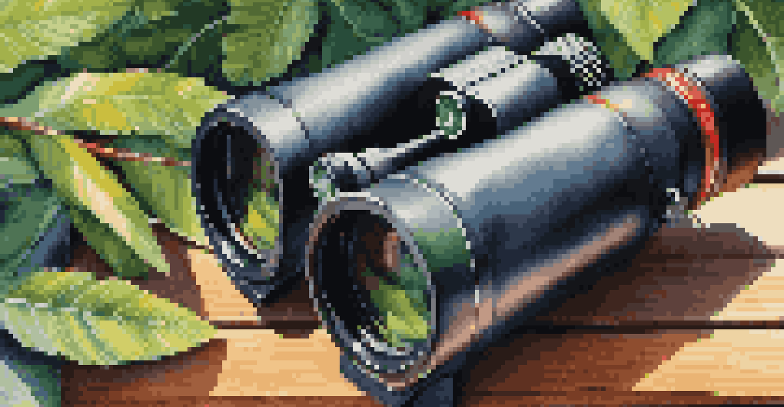 A close-up of binoculars on a wooden surface with green leaves and bird feathers around it.