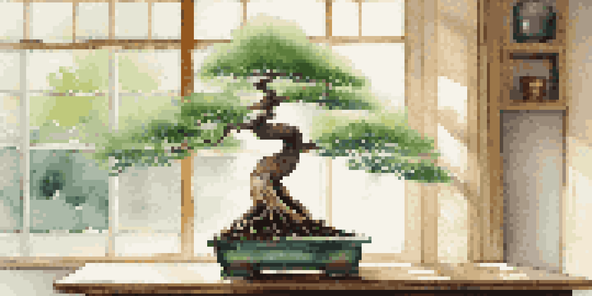 A close-up of a bonsai tree with visible roots in a transparent pot, illuminated by soft sunlight.