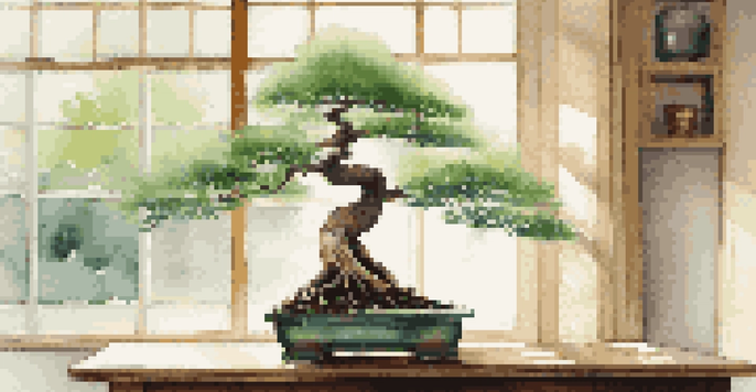 A close-up of a bonsai tree with visible roots in a transparent pot, illuminated by soft sunlight.
