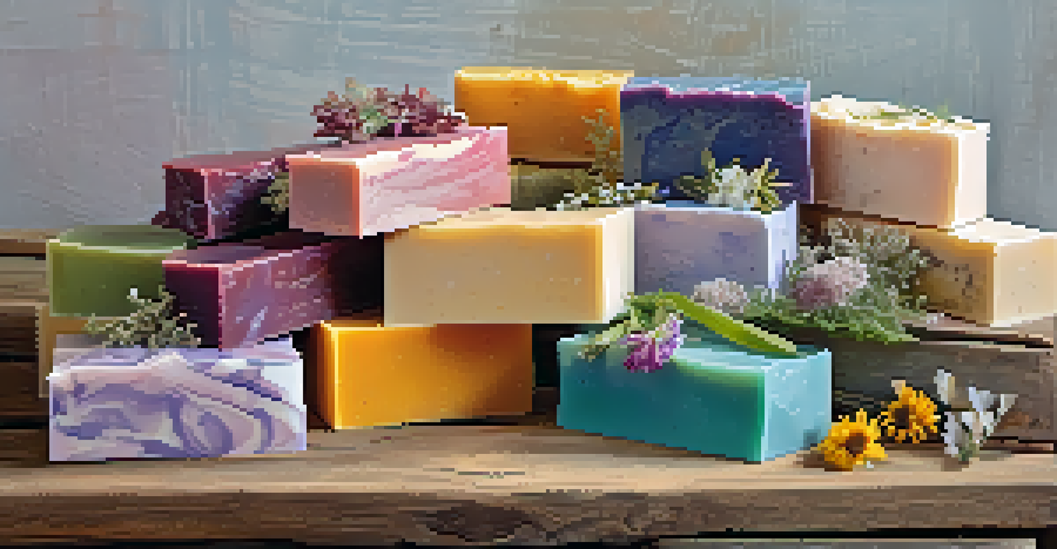 Close-up of handmade soap bars with dried flowers on a wooden surface.