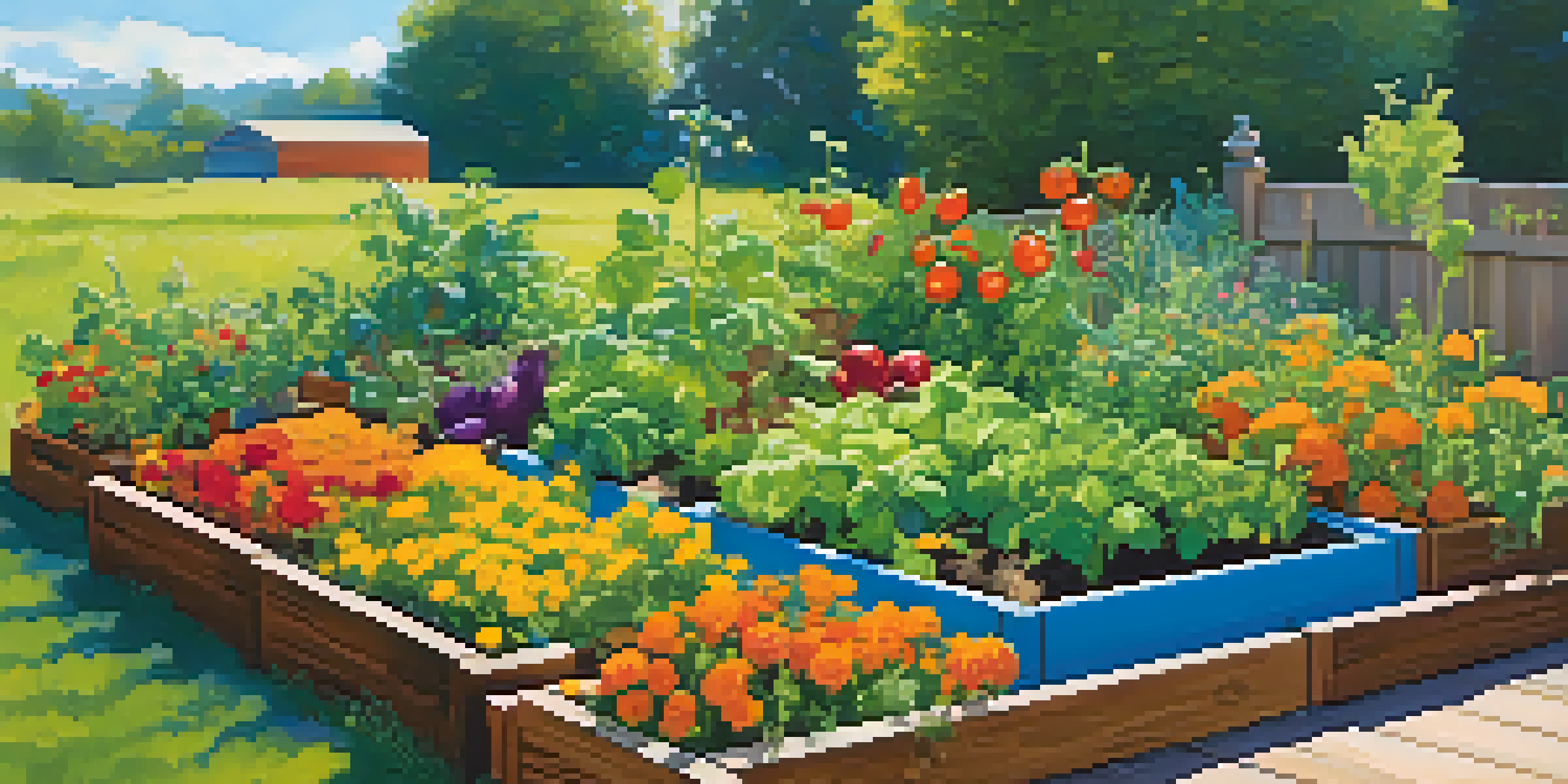 A raised bed garden featuring colorful vegetables and herbs, with a clear blue sky above.