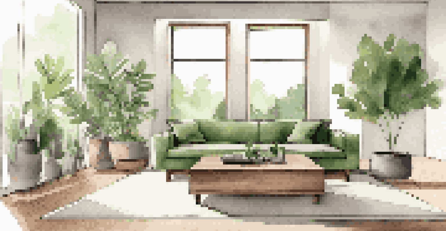 A modern living room with a minimalist sofa and a handcrafted walnut coffee table, decorated with plants and soft textiles.