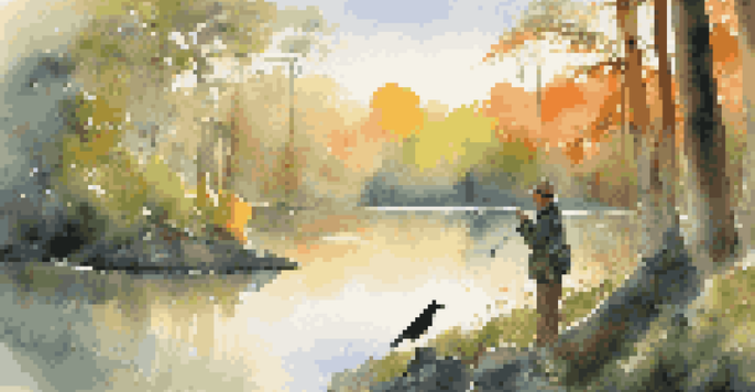 A birdwatcher observing a colorful songbird at sunrise near a peaceful pond in a national park.