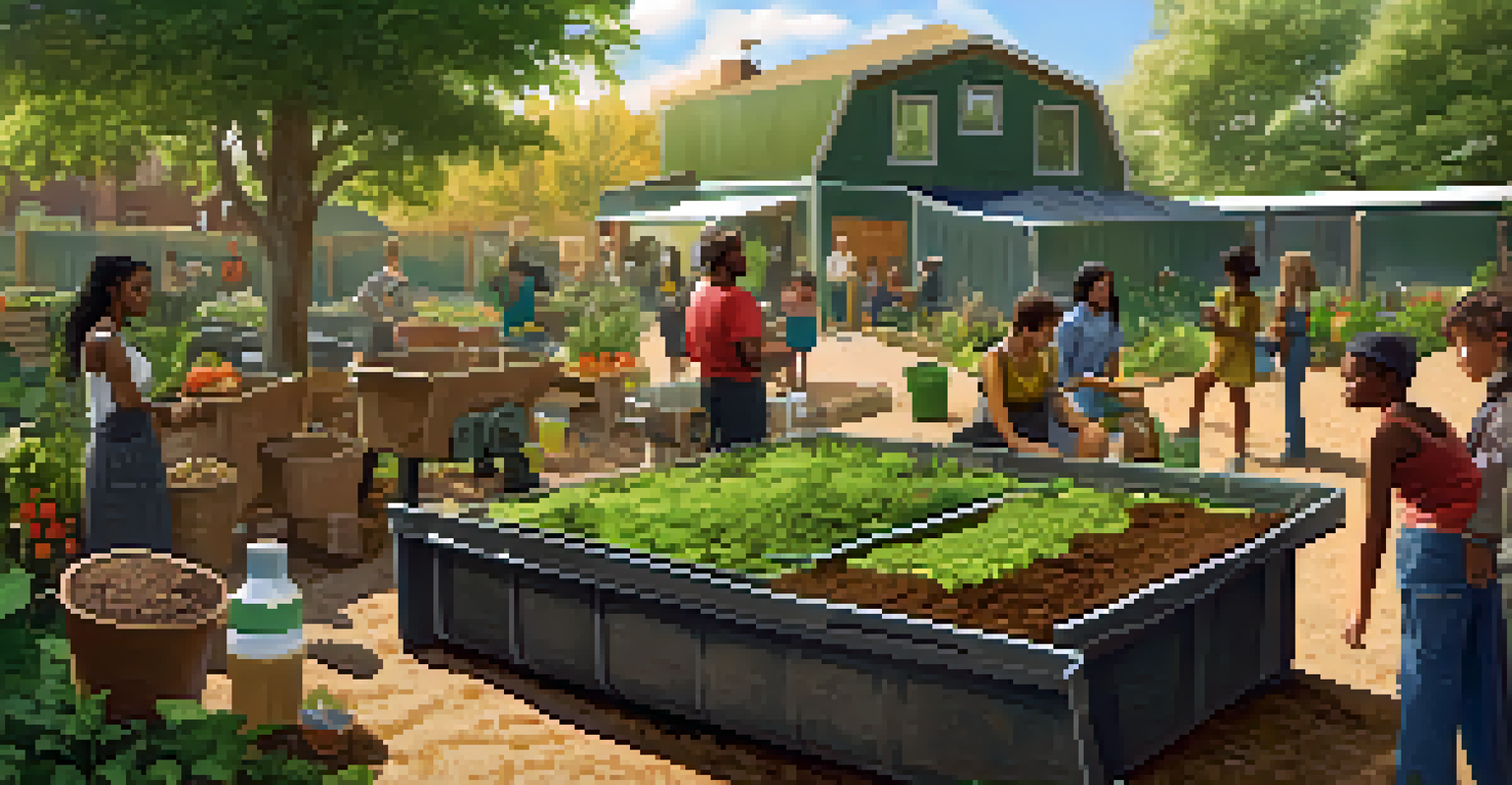 A community gardening workshop with a diverse group of people learning about composting techniques around a compost bin, with educational charts and a lush garden.