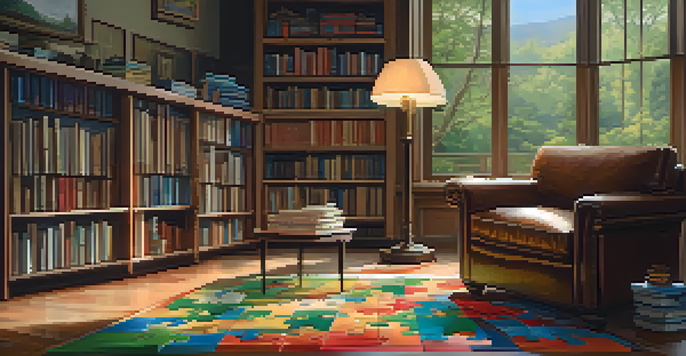 An inviting indoor puzzle space with a wooden table, a colorful jigsaw puzzle of a forest, sorting trays, and a warm lamp illuminating the scene.