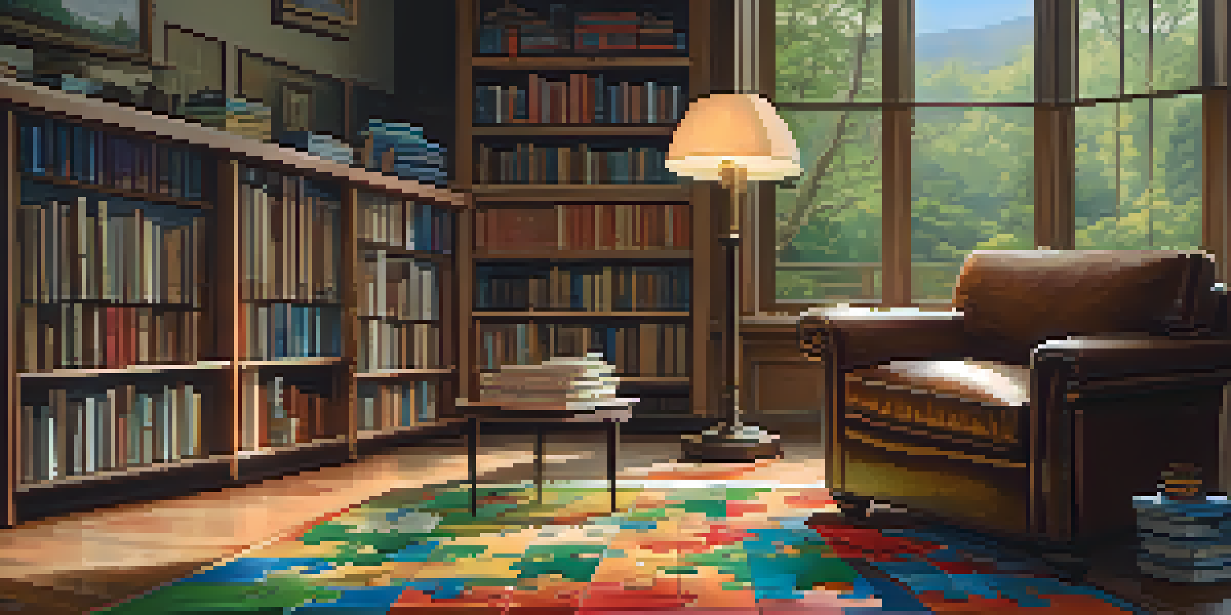 An inviting indoor puzzle space with a wooden table, a colorful jigsaw puzzle of a forest, sorting trays, and a warm lamp illuminating the scene.