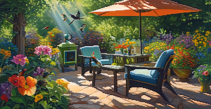 A person birdwatching in their backyard, surrounded by colorful birds and flowers with sunlight filtering through the trees.
