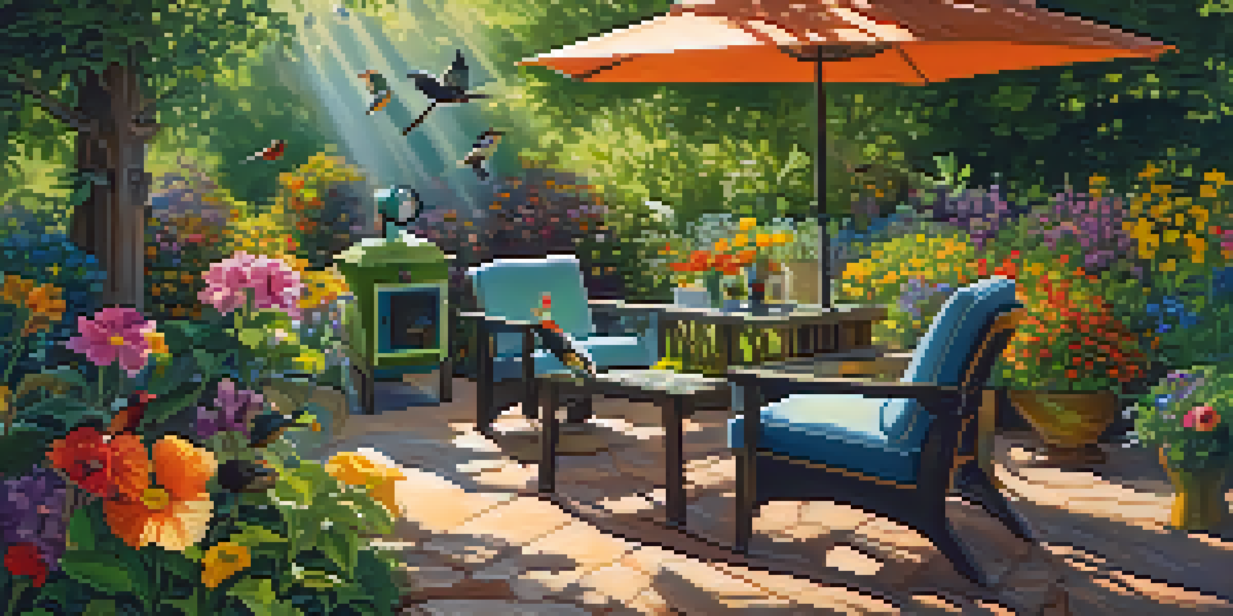 A person birdwatching in their backyard, surrounded by colorful birds and flowers with sunlight filtering through the trees.