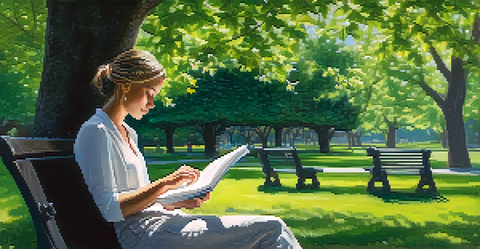 A person on a park bench looking at a notebook filled with notes, surrounded by green trees and flowers.