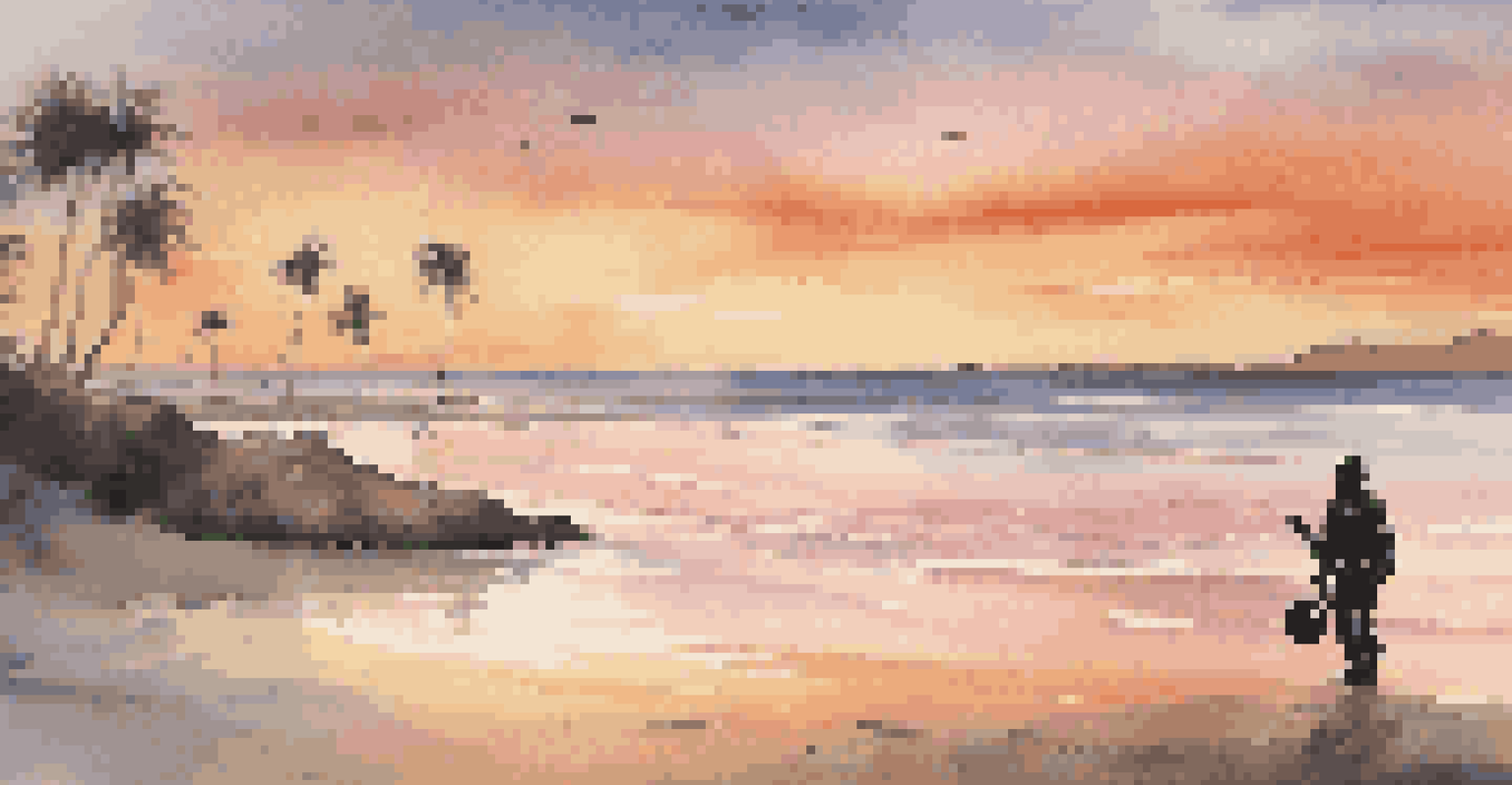A beach at sunset with a diver preparing to enter the water, surrounded by palm trees.