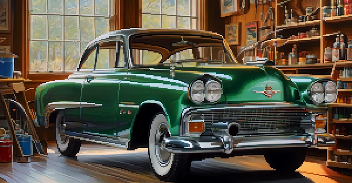 Close-up view of a vintage car model on a wooden workbench, highlighting chrome details and bright paint.