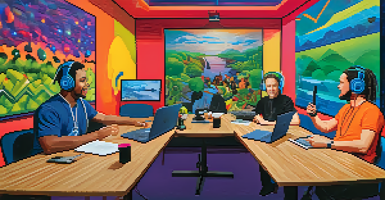 Two podcast hosts recording at a round table with microphones and headphones in a colorful, vibrant studio.