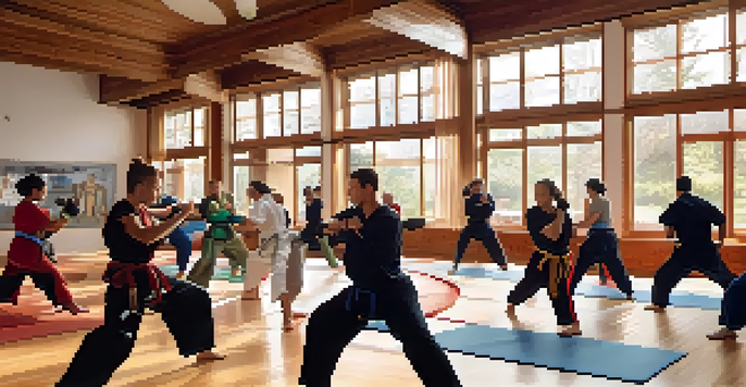 A diverse group of individuals engaged in a self-defense class, practicing techniques in a well-lit dojo with wooden floors and colorful mats.