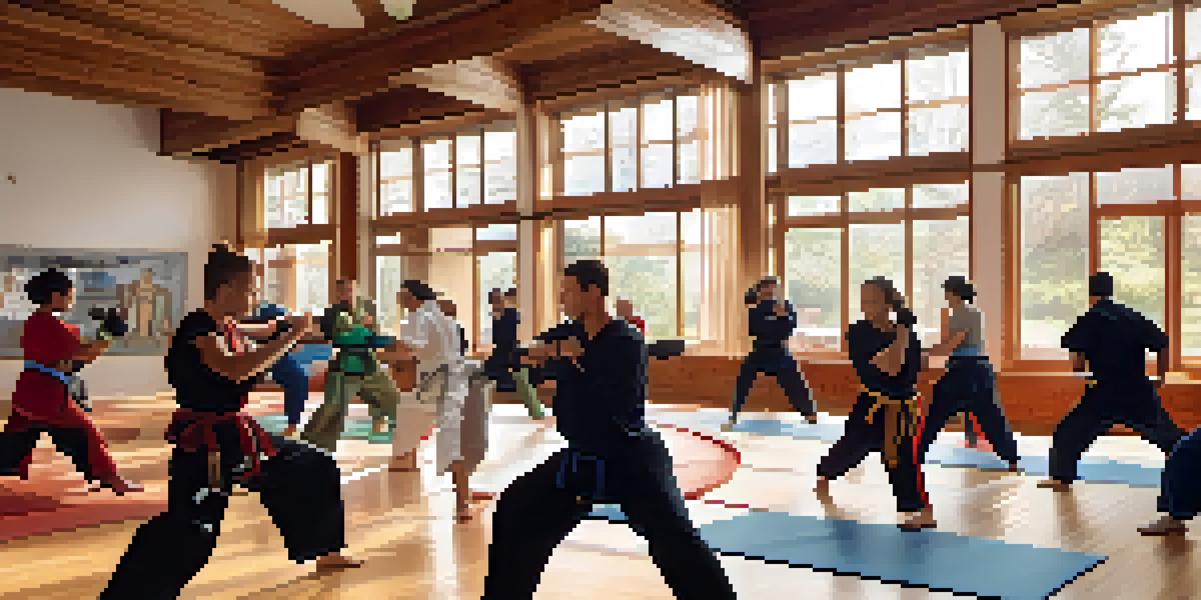 A diverse group of individuals engaged in a self-defense class, practicing techniques in a well-lit dojo with wooden floors and colorful mats.