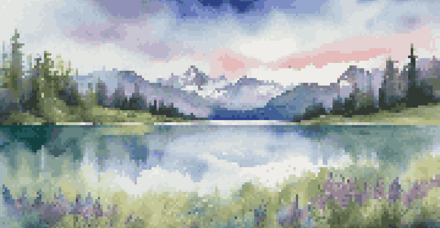 A peaceful mountain scene with a clear lake and wildflowers, featuring a text overlay about discovering nature's beauty.