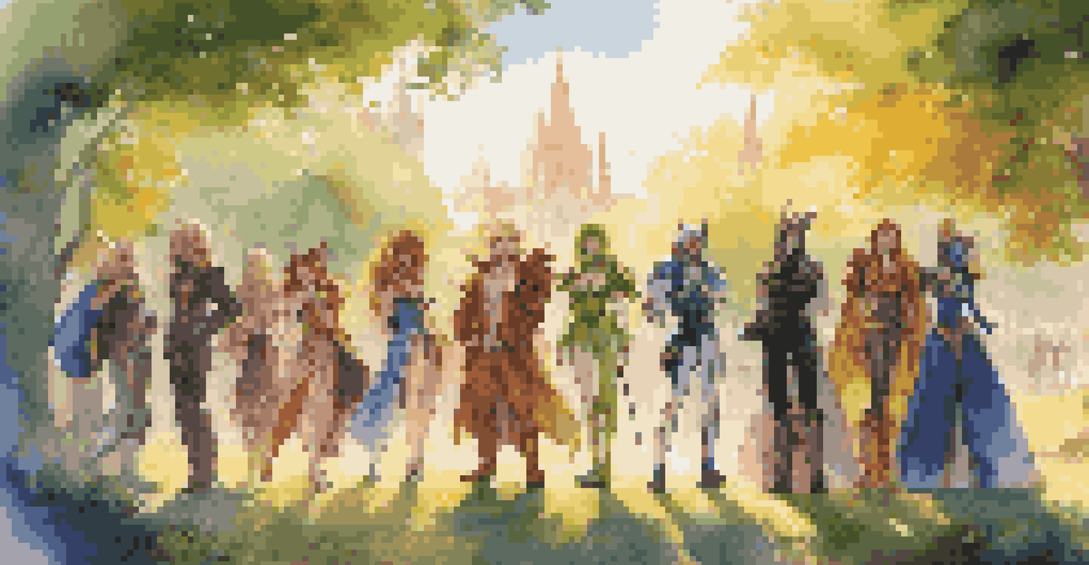 A group of cosplayers in fantasy costumes posing together in a park during golden hour, surrounded by lush greenery.