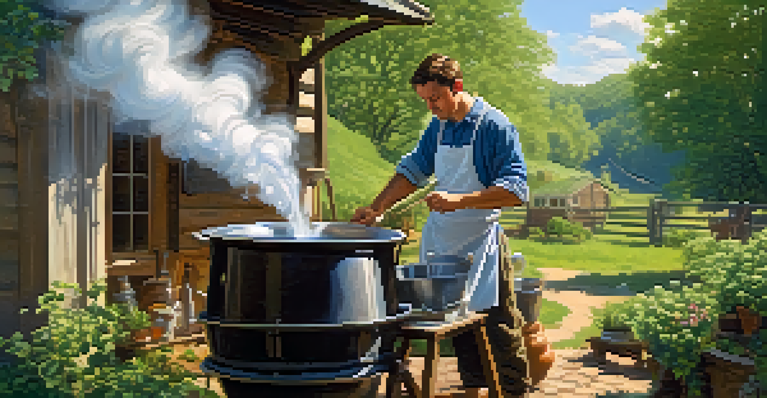A home brewer stirring a pot of boiling wort outdoors, surrounded by greenery and a clear sky.