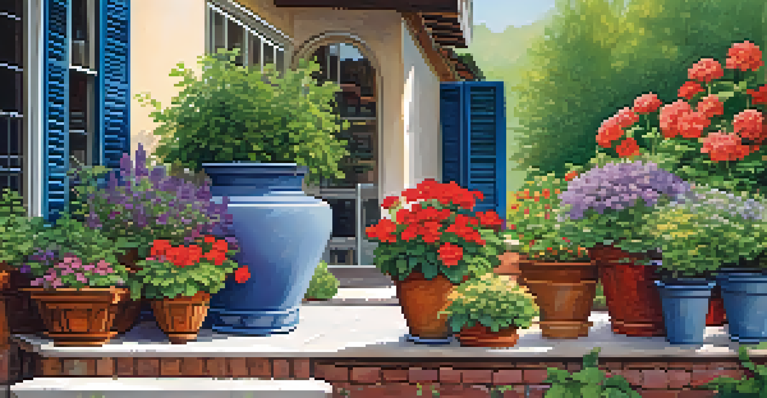 A decorative container garden on a patio with various flowers in diverse pots, illuminated by sunlight.