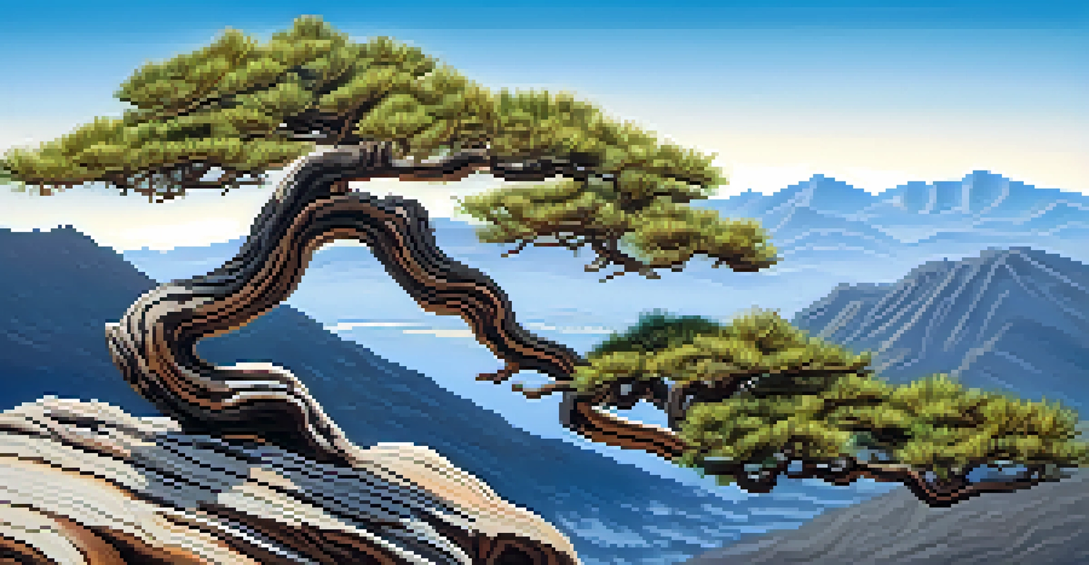 A close-up of a windswept bonsai tree with twisted branches and textured bark, set against a blurred mountain landscape and clear blue sky.