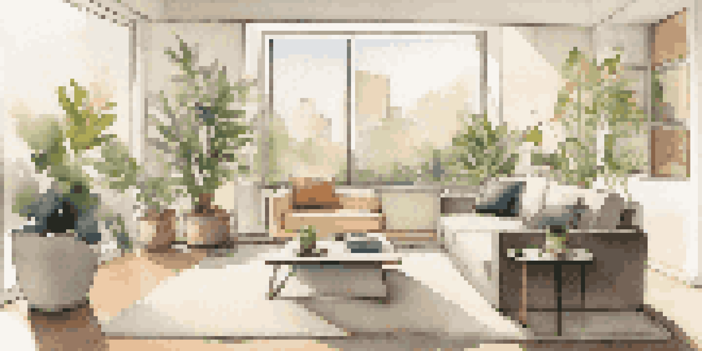 A smart vacuum moving around a modern living room filled with natural light, plants, and contemporary furniture.