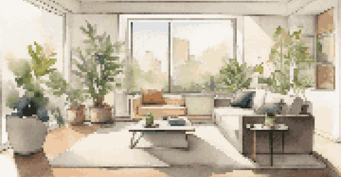 A smart vacuum moving around a modern living room filled with natural light, plants, and contemporary furniture.