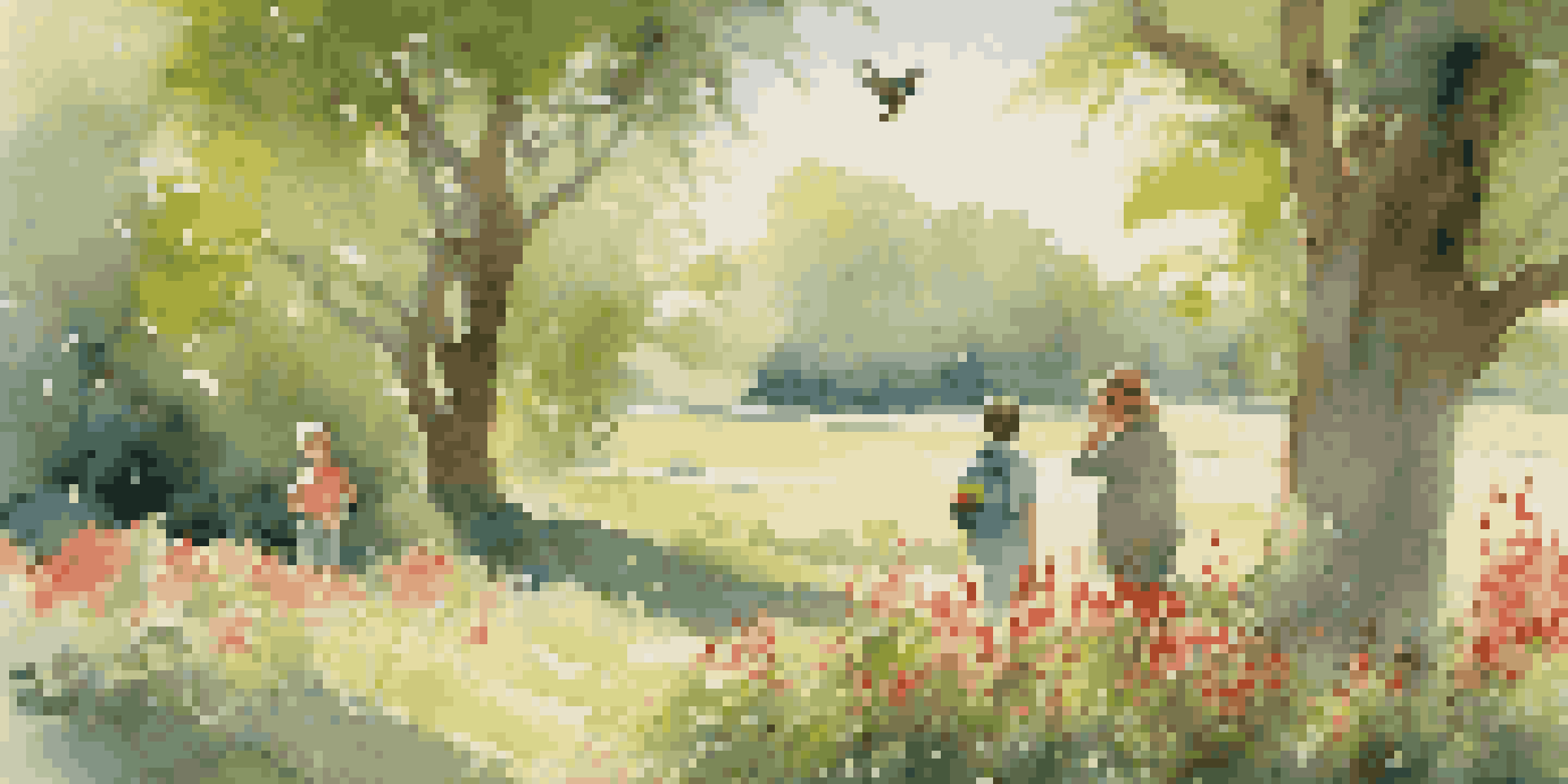 A family of birdwatchers in a park, with a child pointing at a red cardinal and an adult using binoculars, surrounded by nature.