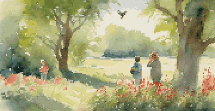 A family of birdwatchers in a park, with a child pointing at a red cardinal and an adult using binoculars, surrounded by nature.