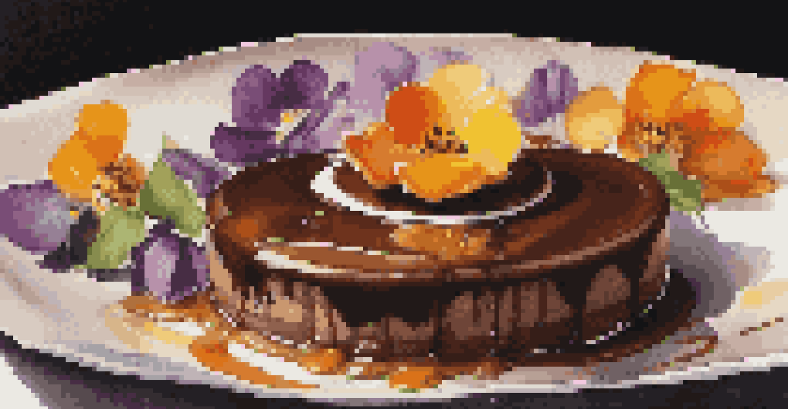 A close-up of a chocolate mousse dessert garnished with edible flowers and caramel sauce on a dark background.