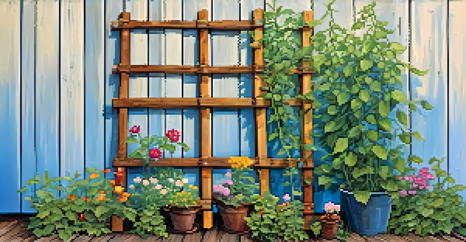 An upcycled wooden ladder trellis with climbing plants against a rustic fence in a garden.