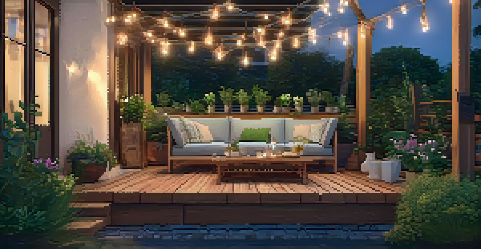 An inviting outdoor patio with bamboo furniture and a wooden deck, surrounded by colorful flowers and string lights.