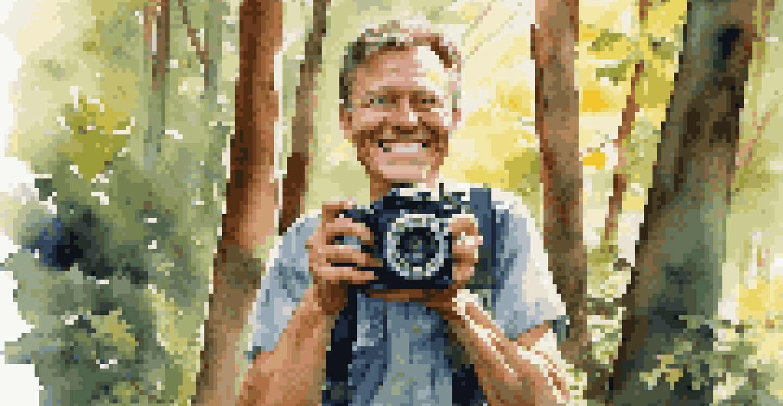 A joyful photographer in nature, holding a camera with a forest backdrop.