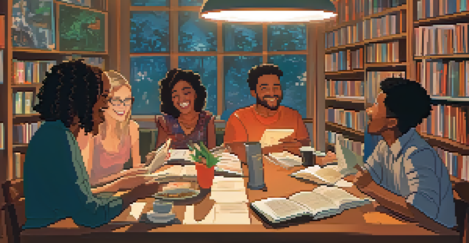 A diverse group of people in a book club discussing graphic novels, surrounded by laughter and warm lighting in a cozy setting.