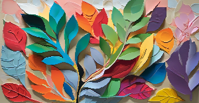 A mixed media artwork combining paper cutouts and acrylic paint, showcasing nature elements like leaves and flowers in a colorful collage.