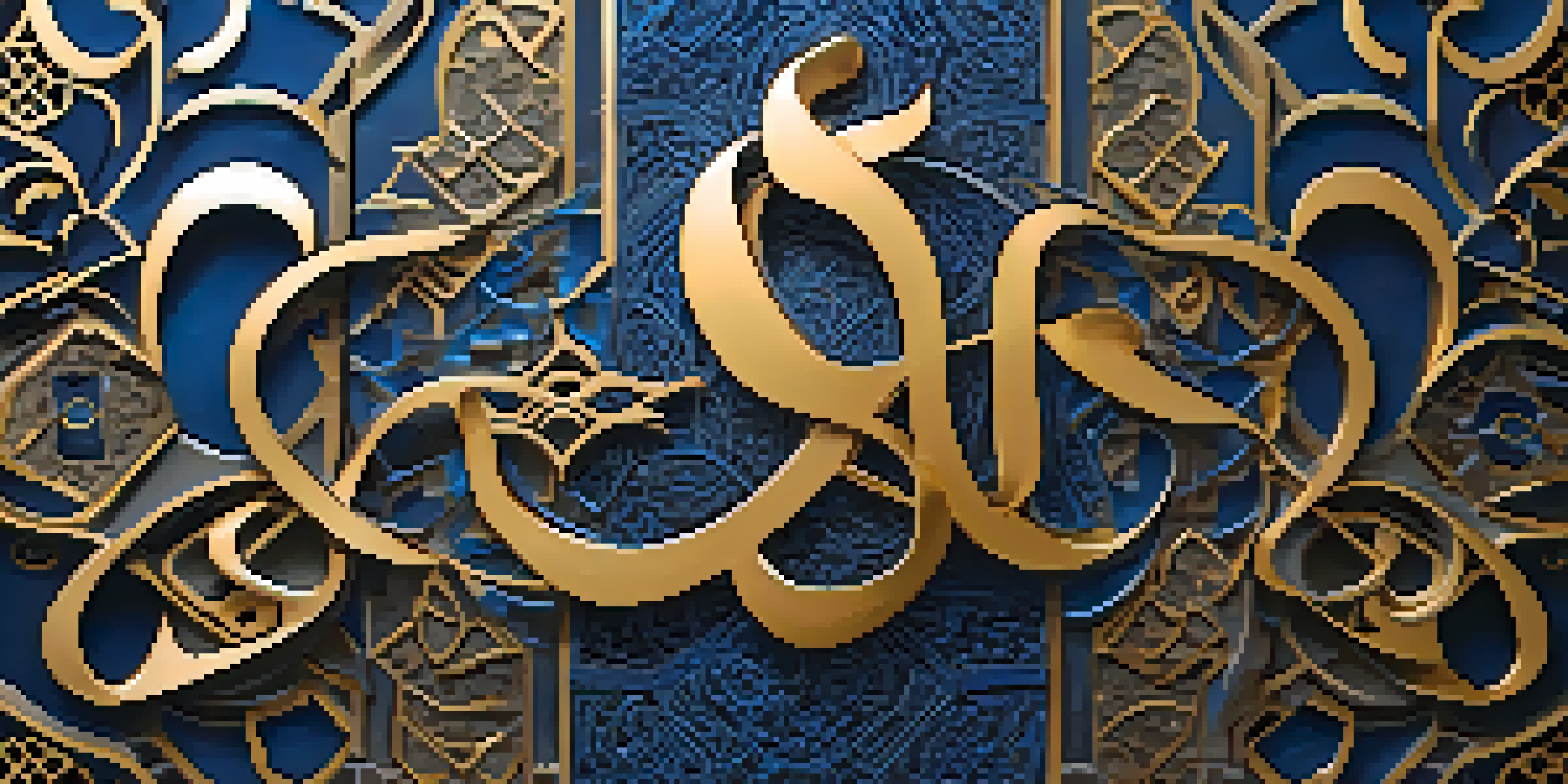 A modern Arabic calligraphy artwork with bold swirls and intricate patterns in blue and gold.