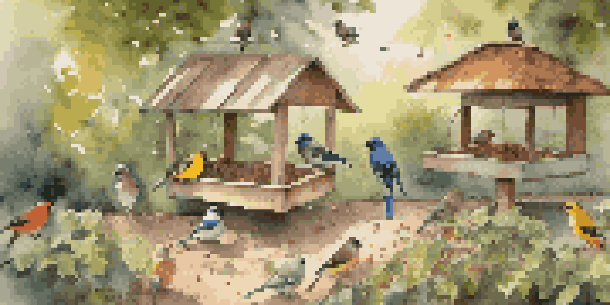 A vibrant backyard with various bird feeders attracting small songbirds like finches and larger birds like doves, surrounded by greenery and illuminated by sunlight.