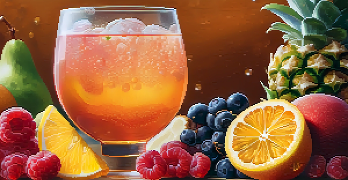 A glass of kombucha with bubbles, surrounded by fresh fruits like ginger and berries, illuminated by soft natural light.