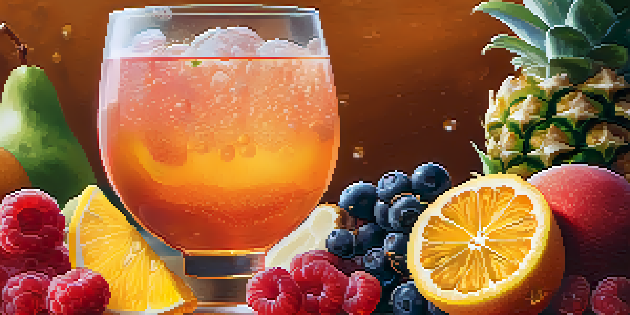 A glass of kombucha with bubbles, surrounded by fresh fruits like ginger and berries, illuminated by soft natural light.