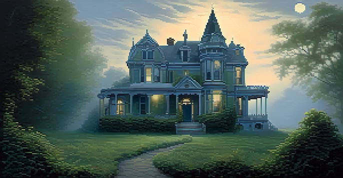 An abandoned Victorian mansion surrounded by mist and overgrown ivy, with an open front door illuminated by soft moonlight.