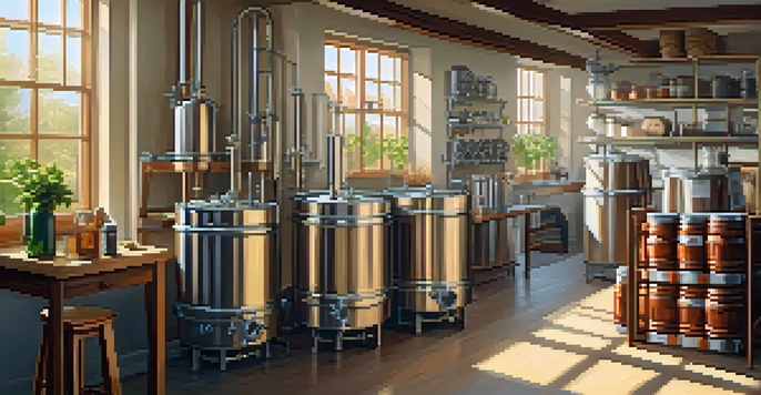 A bright kitchen with clean brewing equipment, including fermenters and kegs, illuminated by soft sunlight.