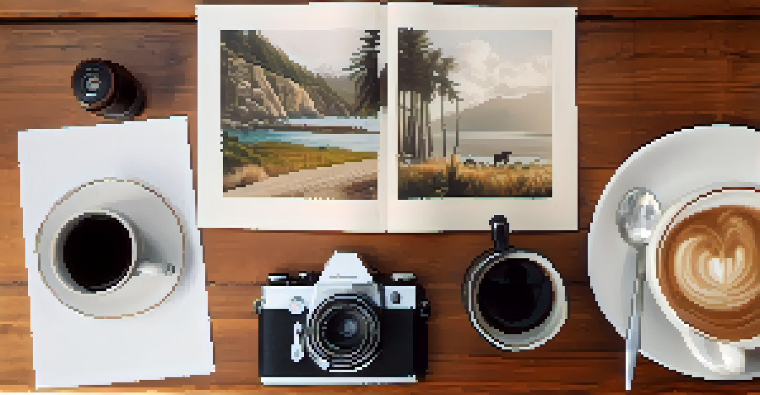 A flat lay of a photography portfolio with prints, a vintage camera, a notebook, and a cup of coffee on a wooden table.