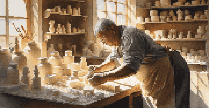 A traditional soap sculptor is carving a detailed flower from white soap in a sunlit workshop, surrounded by tools.