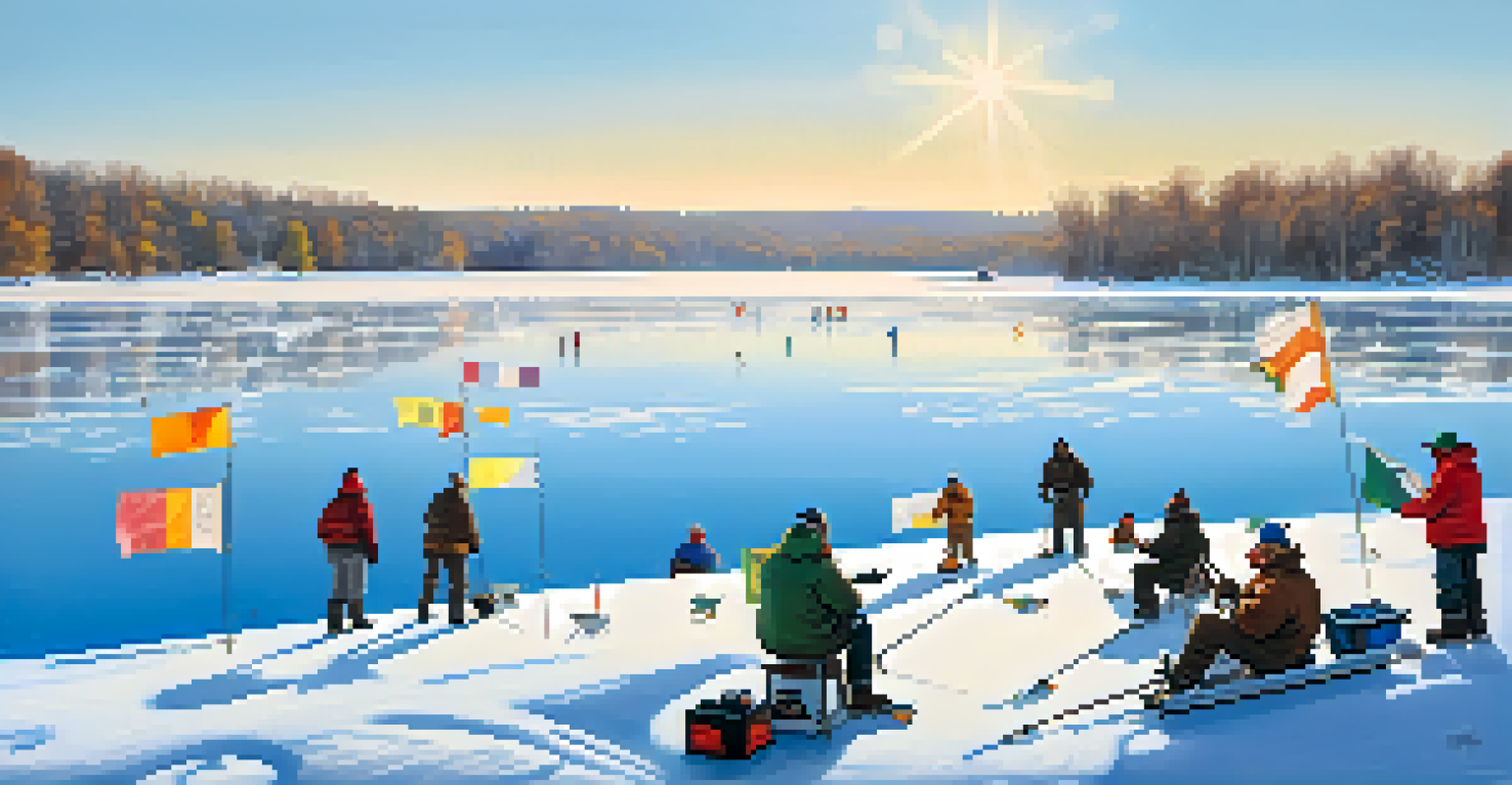 A lively scene of multiple ice anglers using tip-ups on a frozen lake under a clear blue sky, with colorful flags indicating fish bites.