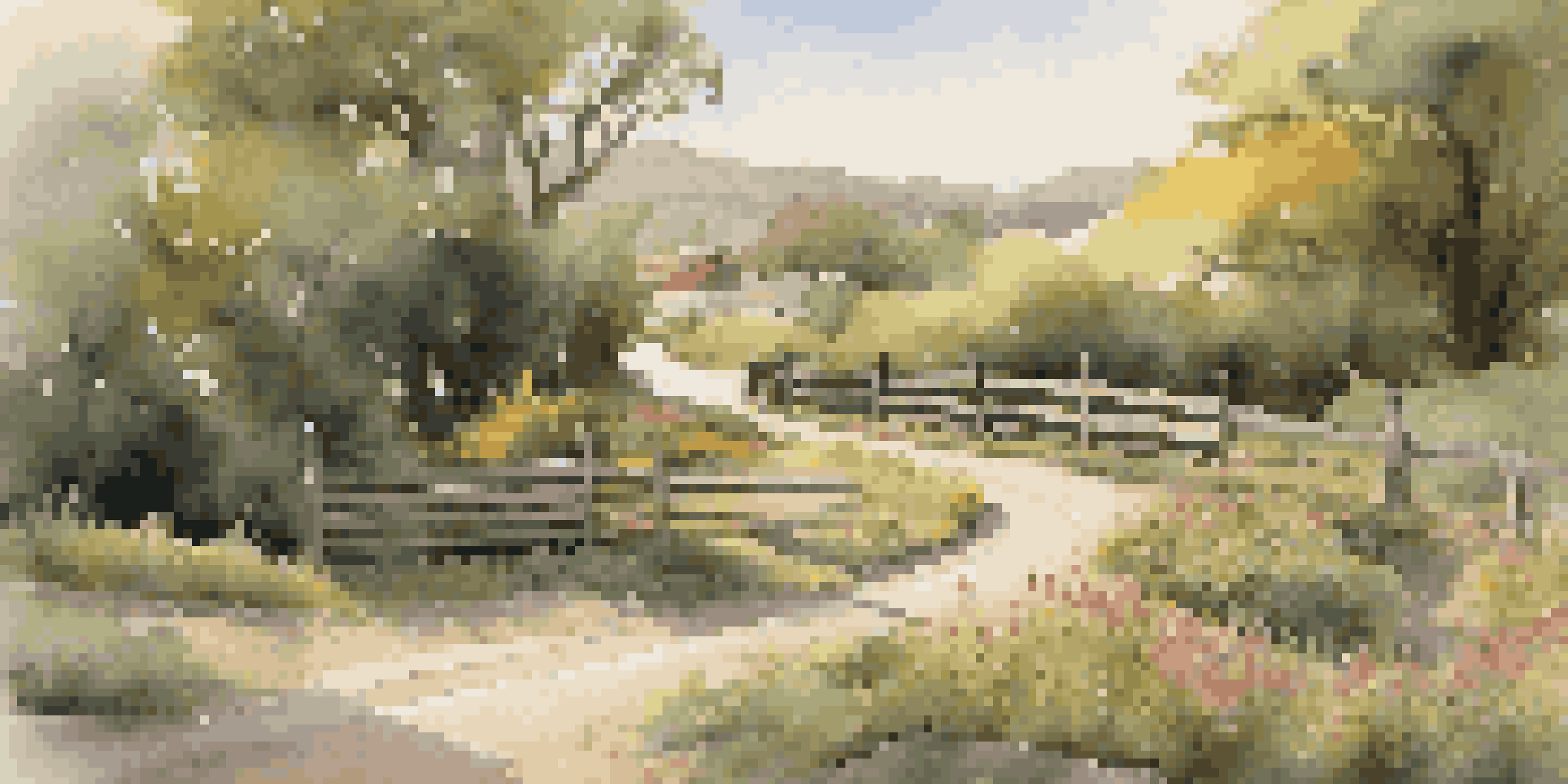A model diorama with a winding dirt road, greenery, wildflowers, and a wooden fence, illuminated by warm sunlight.
