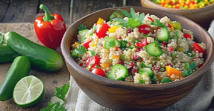 A colorful quinoa salad with diced vegetables and herbs in a bowl on a wooden table, with natural sunlight illuminating it.