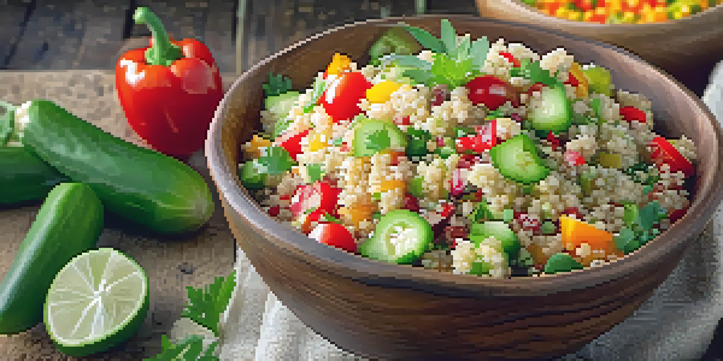 A colorful quinoa salad with diced vegetables and herbs in a bowl on a wooden table, with natural sunlight illuminating it.