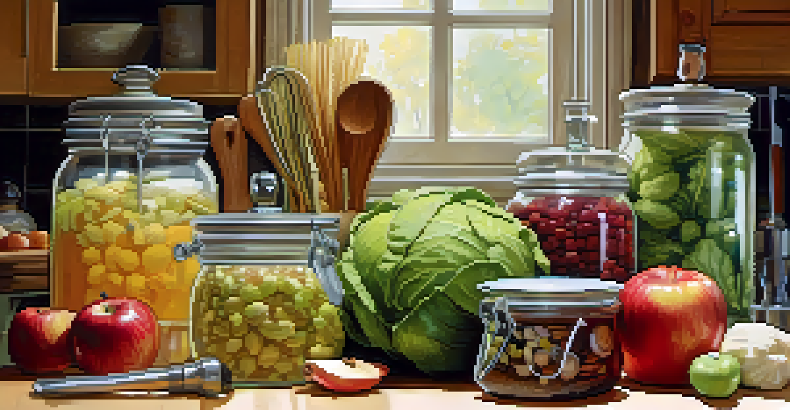 A display of fermentation tools and fresh ingredients on a kitchen counter, under warm lighting.