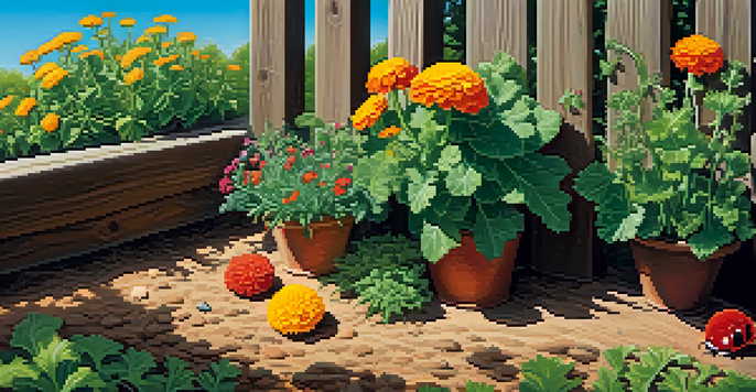 A colorful garden with marigolds and leafy vegetables, sunlight filtering through the leaves, and a ladybug on a leaf.