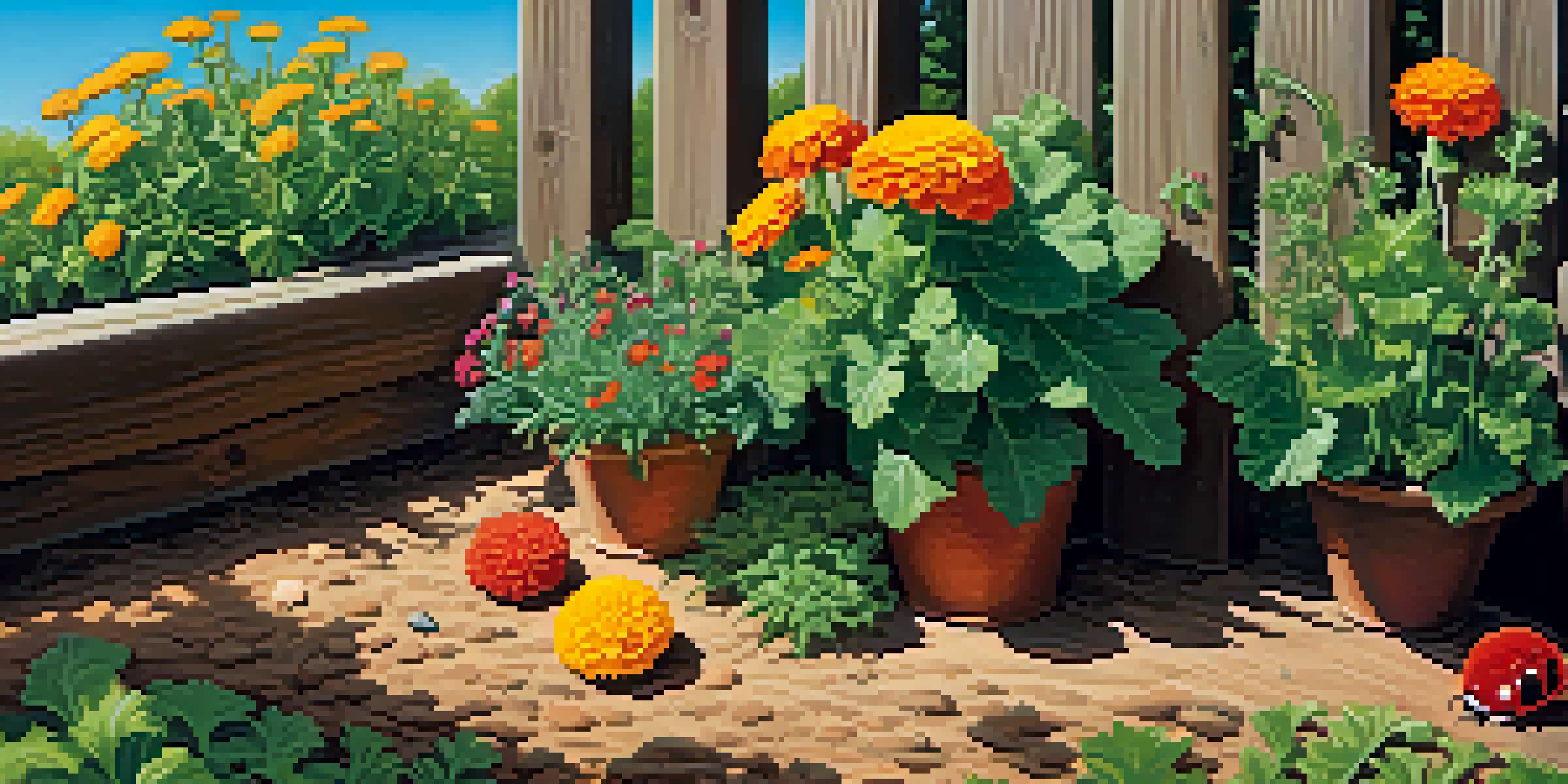 A colorful garden with marigolds and leafy vegetables, sunlight filtering through the leaves, and a ladybug on a leaf.